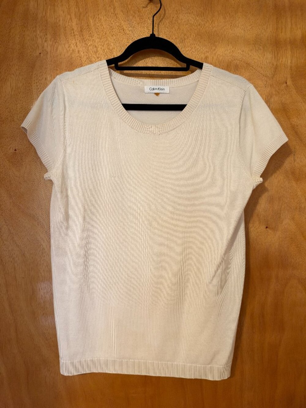 Calvin Klein Cream Short Sleeve Sweater Top Ribbed Crew Neck Size M